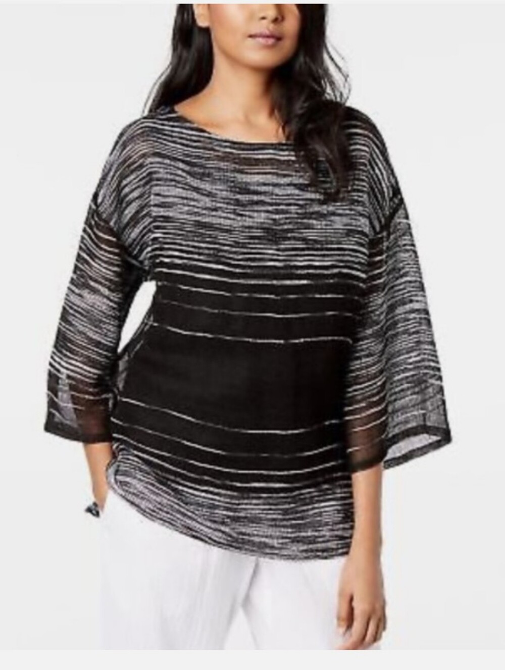 Eileen Fisher Illusion Organic Linen Mesh Bateau Neck Top Black Small - Picture 1 of 8